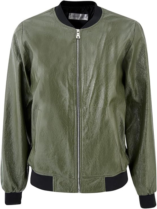 Women's Khaki Full Zip Padded Bomber Jacket – Lightweight Windproof Casual Outerwear with Ribbed Hem & Stand Collar