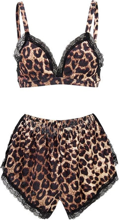 Women's 2 Piece Tie-Dye Velvet Loungewear Set - Soft Sleepwear Bralette and Shorts , Leopard Print