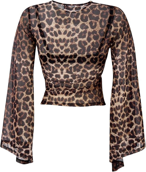 Women's Leopard Print Mesh Top – Long Sleeve Sheer Crew Neck Shirt, Slim Fit See-Through Layering Shirt