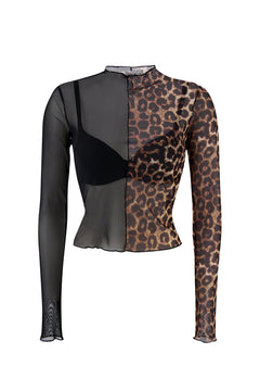 Women's Leopard Print Mesh Long Sleeve Top – Sheer Mock Neck Blouse, Slim Fit Layering Shirt