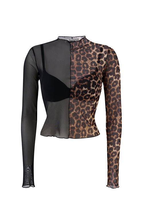 Women's Leopard Print Mesh Long Sleeve Top – Sheer Mock Neck Blouse, Slim Fit Layering Shirt