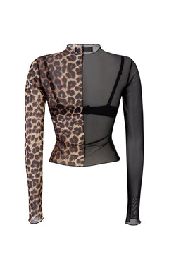 Women's Leopard Print Mesh Long Sleeve Top – Sheer Mock Neck Blouse, Slim Fit Layering Shirt