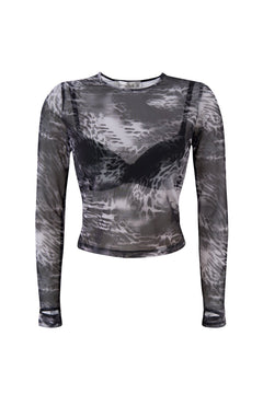 Women's Gray Watermark Mesh Top – Sheer Long Sleeve Slim Fit Crew Neck Blouse, Lightweight Printed Layering Shirt
