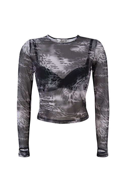 Women's Gray Watermark Mesh Top – Sheer Long Sleeve Slim Fit Crew Neck Blouse, Lightweight Printed Layering Shirt