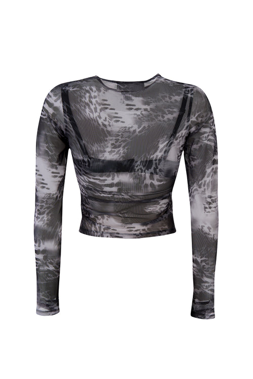 Women's Gray Watermark Mesh Top – Sheer Long Sleeve Slim Fit Crew Neck Blouse, Lightweight Printed Layering Shirt