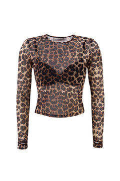 Women's Sheer Leopard Mesh Top – Long Sleeve Slim Fit Crew Neck Blouse, Stylish See-Through Layering Shirt