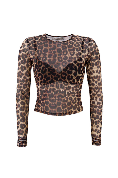 Women's Sheer Leopard Mesh Top – Long Sleeve Slim Fit Crew Neck Blouse, Stylish See-Through Layering Shirt