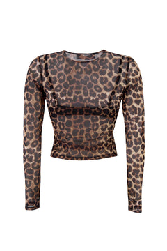 Women's Sheer Leopard Mesh Top – Long Sleeve Slim Fit Crew Neck Blouse, Stylish See-Through Layering Shirt