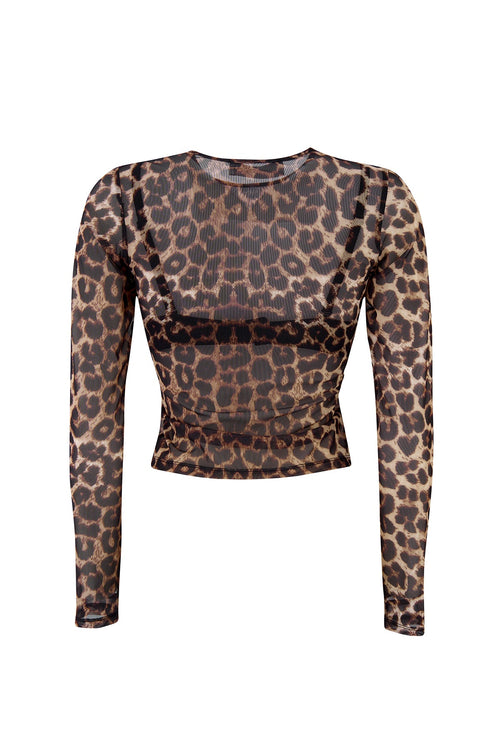 Women's Sheer Leopard Mesh Top – Long Sleeve Slim Fit Crew Neck Blouse, Stylish See-Through Layering Shirt