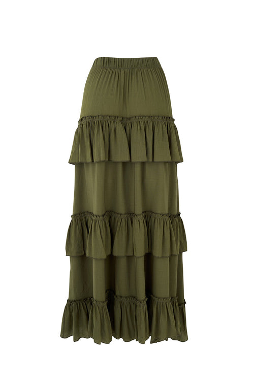 Women's Solid 3-Layer Frill Maxi Skirt – Long Flowing Viscose Skirt, Tiered Boho Style for Casual & Dressy Wear