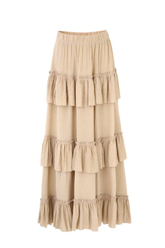 Women's Solid 3-Layer Frill Maxi Skirt – Long Flowing Viscose Skirt, Tiered Boho Style for Casual & Dressy Wear